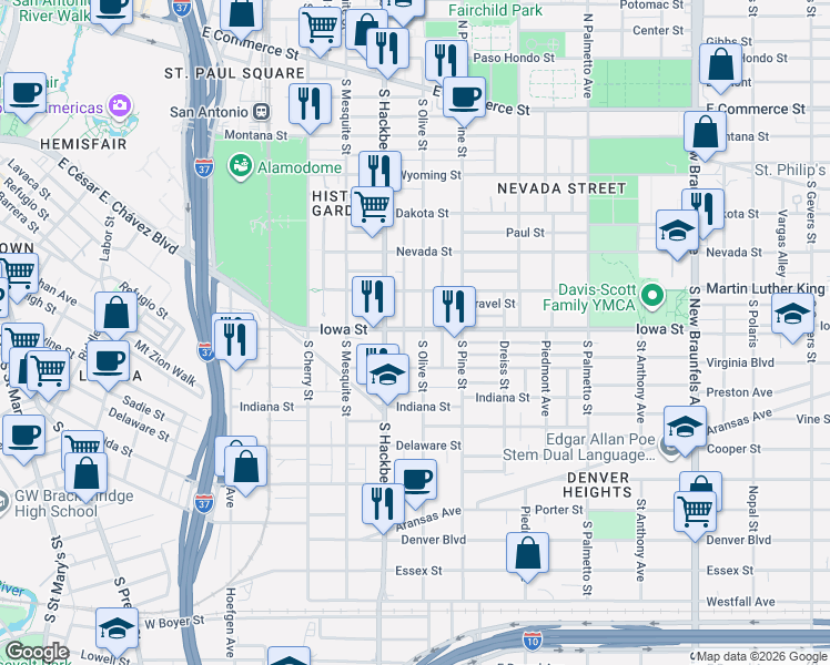 map of restaurants, bars, coffee shops, grocery stores, and more near 701 South Olive Street in San Antonio