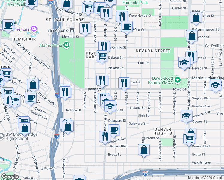 map of restaurants, bars, coffee shops, grocery stores, and more near 701 South Olive Street in San Antonio