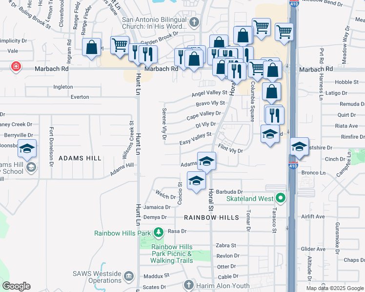 map of restaurants, bars, coffee shops, grocery stores, and more near 8802 Easy Valley Street in San Antonio
