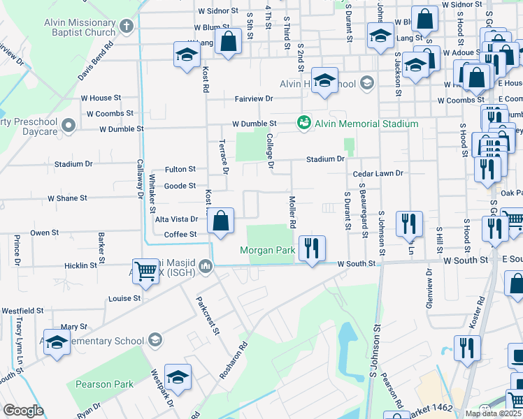 map of restaurants, bars, coffee shops, grocery stores, and more near 1507 Alta Vista Drive in Alvin