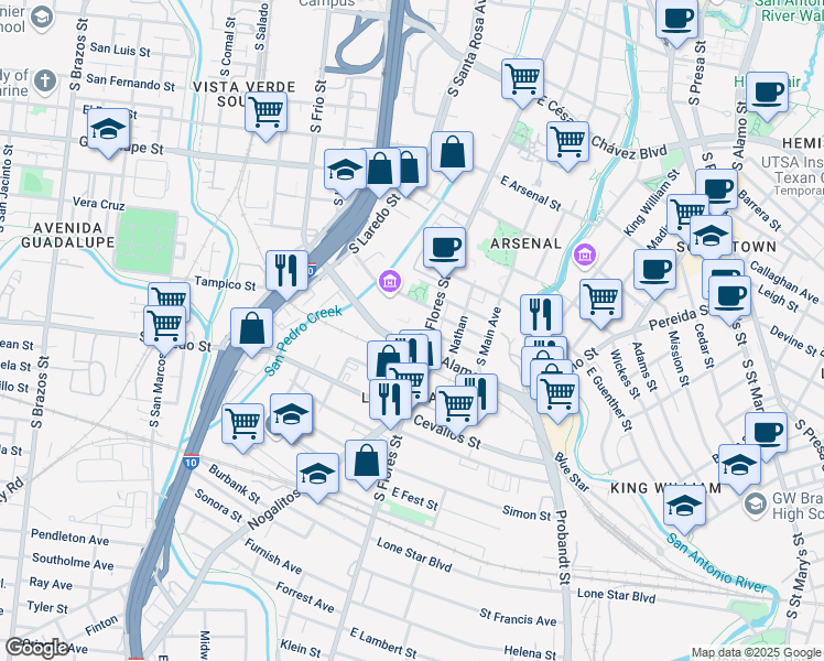 map of restaurants, bars, coffee shops, grocery stores, and more near 1901 South Alamo Street in San Antonio