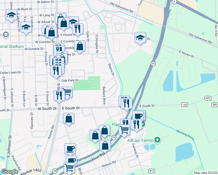 map of restaurants, bars, coffee shops, grocery stores, and more near 707 Briargrove Drive in Alvin
