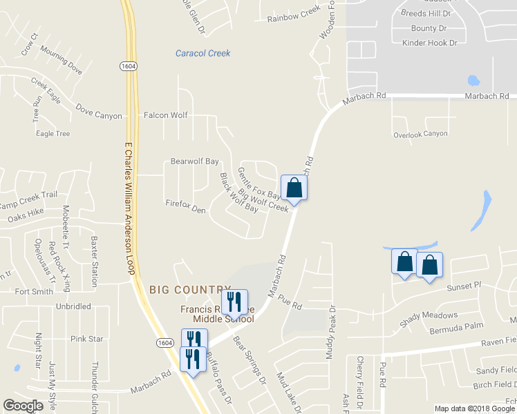 map of restaurants, bars, coffee shops, grocery stores, and more near 10615 Black Wolf Bay in San Antonio
