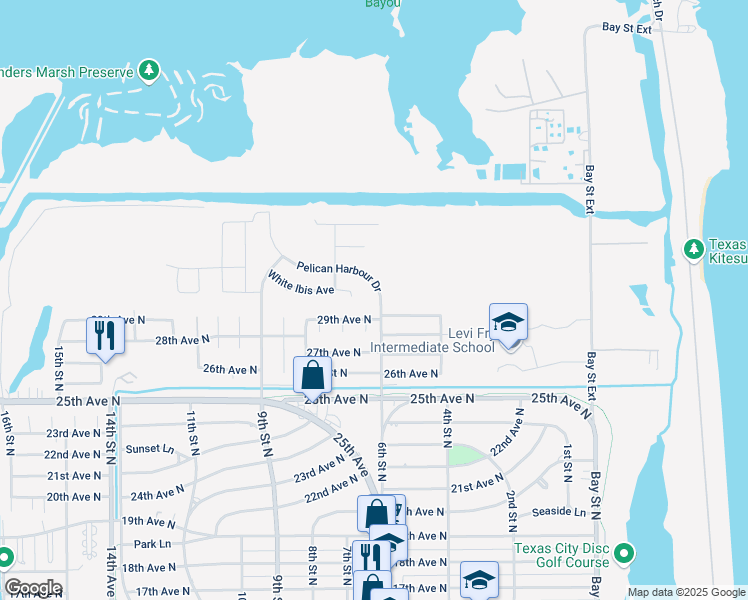 map of restaurants, bars, coffee shops, grocery stores, and more near 607 White Ibis Avenue in Texas City