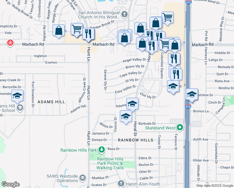 map of restaurants, bars, coffee shops, grocery stores, and more near 8802 Easy Valley Street in San Antonio