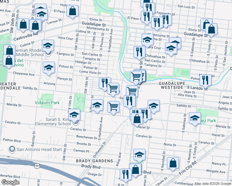 map of restaurants, bars, coffee shops, grocery stores, and more near 818 Angela Street in San Antonio