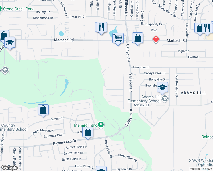 map of restaurants, bars, coffee shops, grocery stores, and more near 9838 Marbach Pass in San Antonio