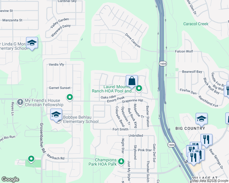 map of restaurants, bars, coffee shops, grocery stores, and more near 11302 Camp Creek Trail in San Antonio