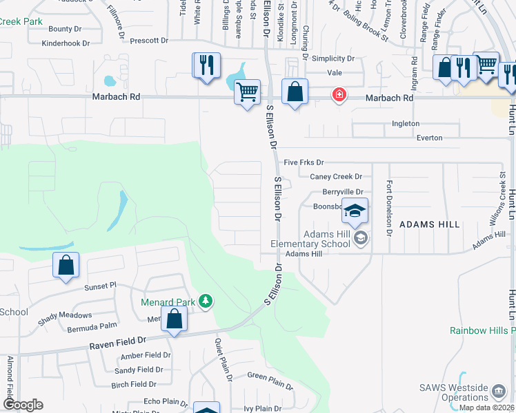 map of restaurants, bars, coffee shops, grocery stores, and more near 9704 Marbach Pass in San Antonio