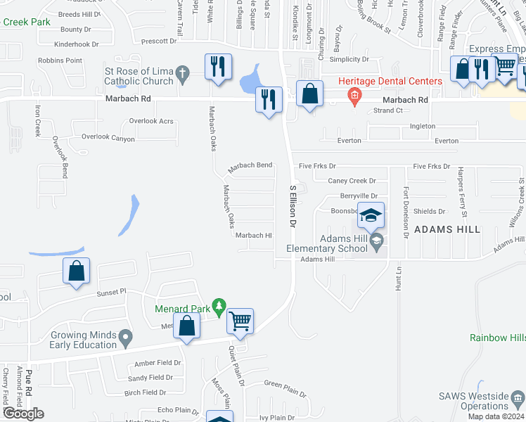map of restaurants, bars, coffee shops, grocery stores, and more near 9720 Marbach Pass in San Antonio