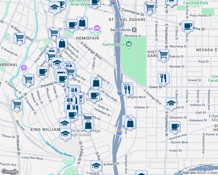 map of restaurants, bars, coffee shops, grocery stores, and more near 505 Burrus Place in San Antonio