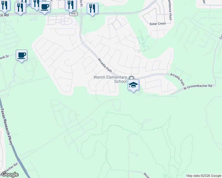 map of restaurants, bars, coffee shops, grocery stores, and more near 1928 Cronus Bend in San Antonio