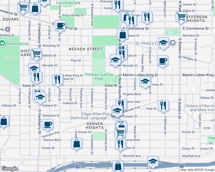 map of restaurants, bars, coffee shops, grocery stores, and more near 1202 Iowa Street in San Antonio
