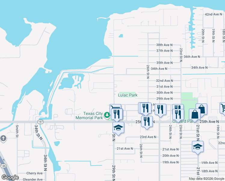 map of restaurants, bars, coffee shops, grocery stores, and more near 2907 30th Avenue North in Texas City