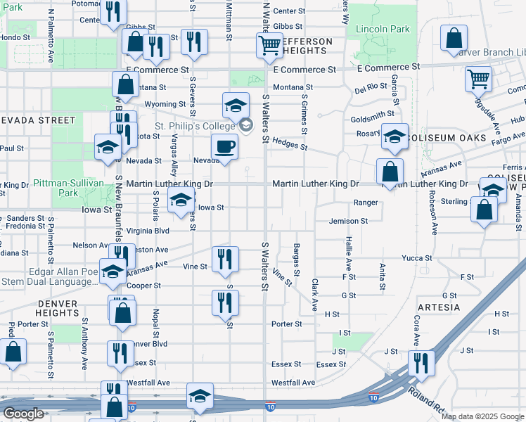 map of restaurants, bars, coffee shops, grocery stores, and more near 2120 Iowa Street in San Antonio