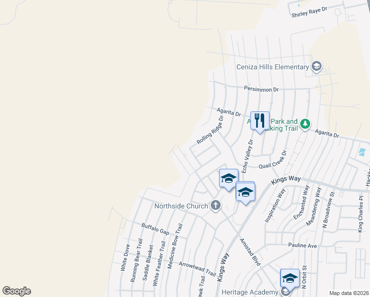 map of restaurants, bars, coffee shops, grocery stores, and more near 108 Rolling Ridge Drive in Del Rio
