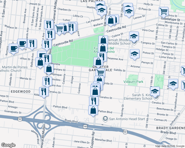 map of restaurants, bars, coffee shops, grocery stores, and more near 123 Ricardo in San Antonio