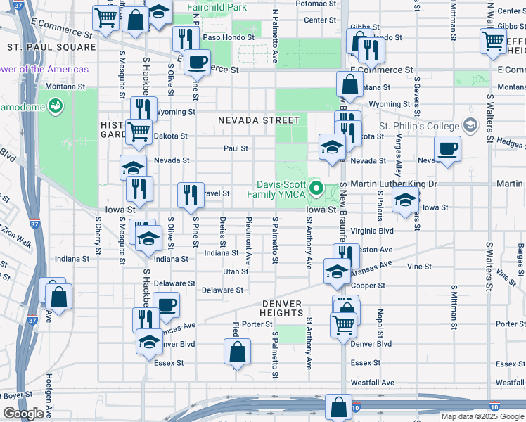 map of restaurants, bars, coffee shops, grocery stores, and more near 1016 Iowa Street in San Antonio