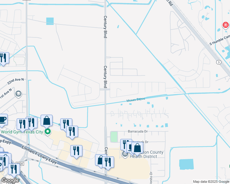 map of restaurants, bars, coffee shops, grocery stores, and more near 3205 Raymond Ct in Texas City