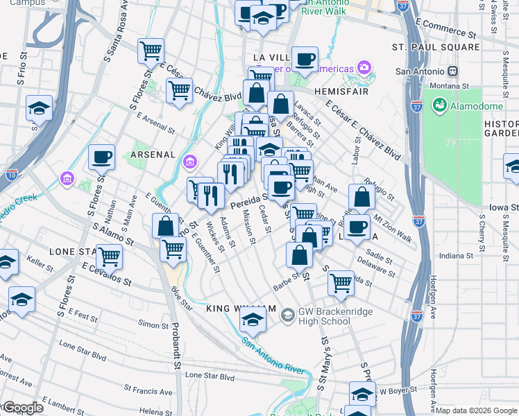 map of restaurants, bars, coffee shops, grocery stores, and more near 215 Cedar Street in San Antonio