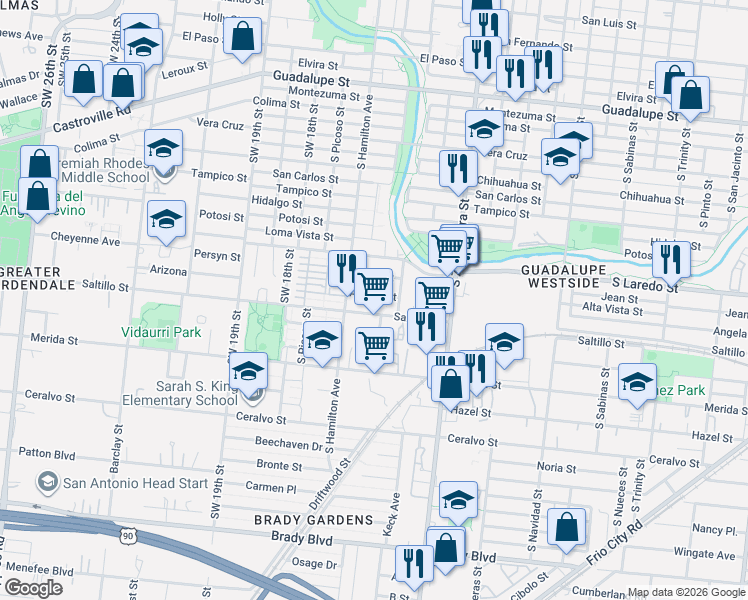map of restaurants, bars, coffee shops, grocery stores, and more near 818 Angela Street in San Antonio