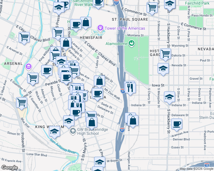 map of restaurants, bars, coffee shops, grocery stores, and more near 513 Mcmonigal Place in San Antonio