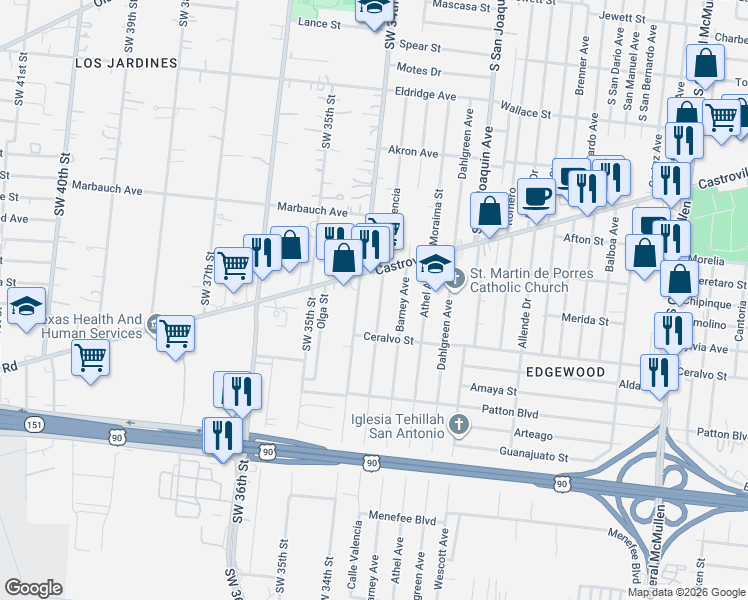 map of restaurants, bars, coffee shops, grocery stores, and more near 1735 Valencia in San Antonio