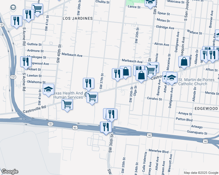 map of restaurants, bars, coffee shops, grocery stores, and more near 2417 Castroville Road in San Antonio