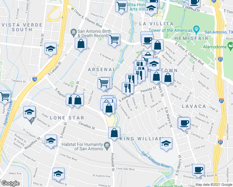 map of restaurants, bars, coffee shops, grocery stores, and more near 521 Madison Street in San Antonio