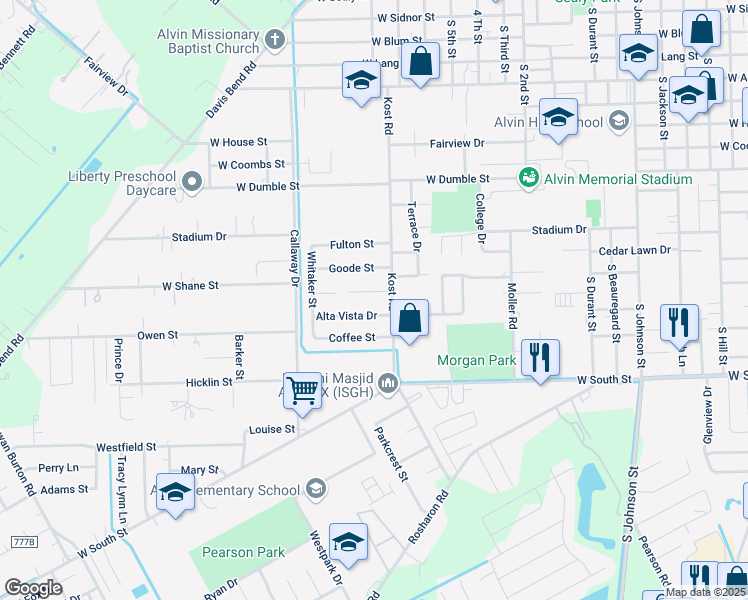 map of restaurants, bars, coffee shops, grocery stores, and more near 1717 Heather Ln in Alvin
