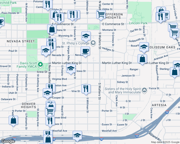 map of restaurants, bars, coffee shops, grocery stores, and more near 2 Iowa Street in San Antonio