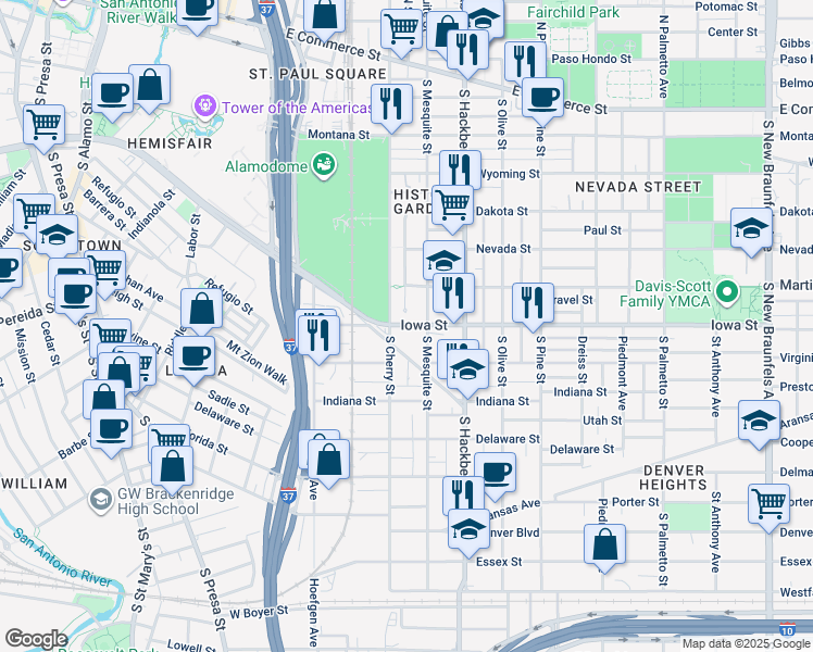 map of restaurants, bars, coffee shops, grocery stores, and more near 731 South Mesquite Street in San Antonio