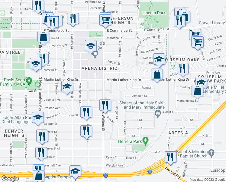 map of restaurants, bars, coffee shops, grocery stores, and more near 202 Poppy Street in San Antonio