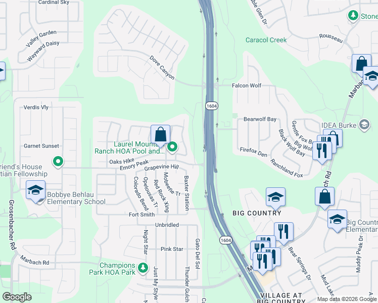 map of restaurants, bars, coffee shops, grocery stores, and more near 11111 Boot Canyon in San Antonio