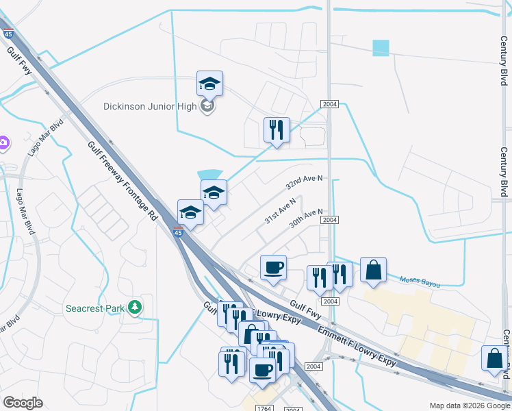 map of restaurants, bars, coffee shops, grocery stores, and more near 11120 32nd Avenue North in Texas City