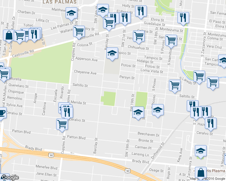map of restaurants, bars, coffee shops, grocery stores, and more near 1708 Saltillo Street in San Antonio
