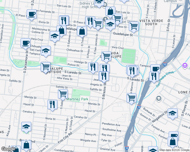 map of restaurants, bars, coffee shops, grocery stores, and more near 2154 South Laredo Street in San Antonio