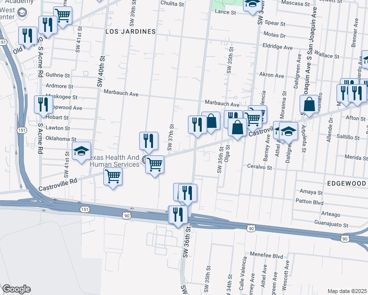 map of restaurants, bars, coffee shops, grocery stores, and more near 2417 Castroville Road in San Antonio
