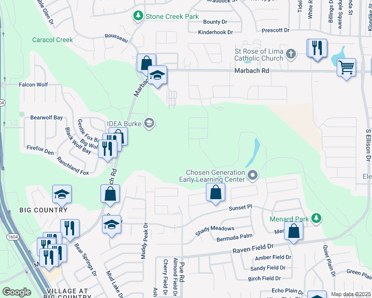 map of restaurants, bars, coffee shops, grocery stores, and more near 2403 Pue Road in San Antonio
