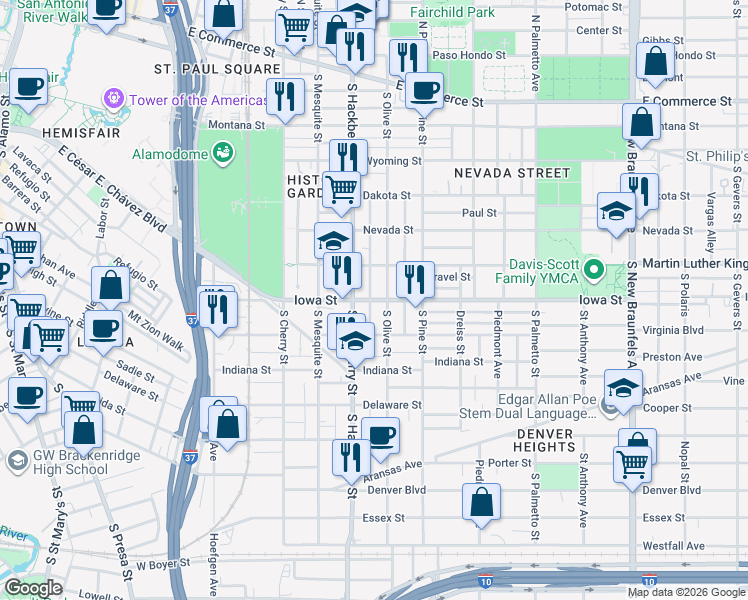 map of restaurants, bars, coffee shops, grocery stores, and more near 701 South Olive Street in San Antonio