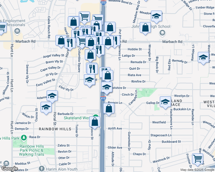 map of restaurants, bars, coffee shops, grocery stores, and more near 2030 Southwest Loop 410 in San Antonio
