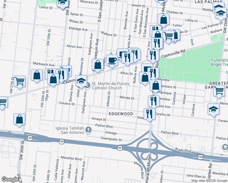map of restaurants, bars, coffee shops, grocery stores, and more near 1725 Madrid Street in San Antonio