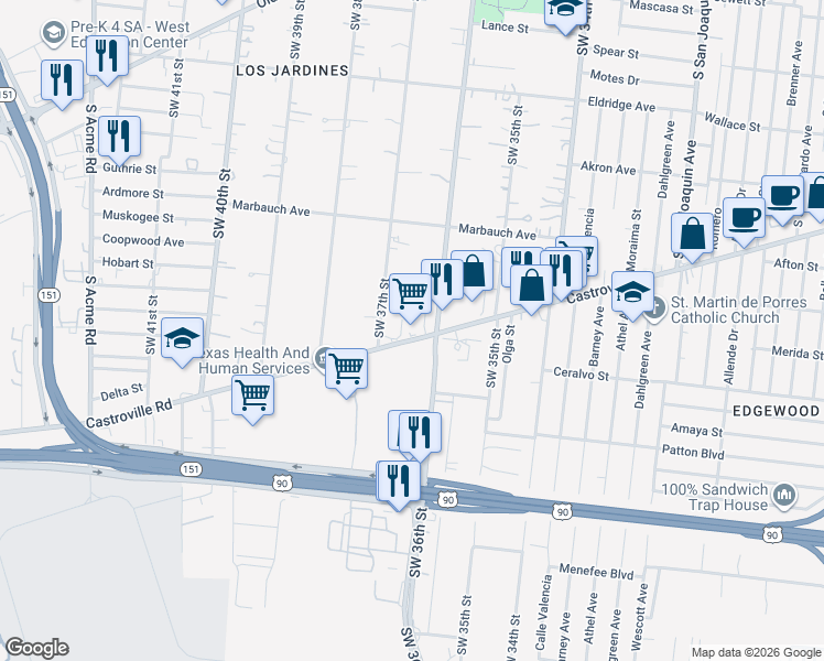 map of restaurants, bars, coffee shops, grocery stores, and more near 2417 Castroville Road in San Antonio