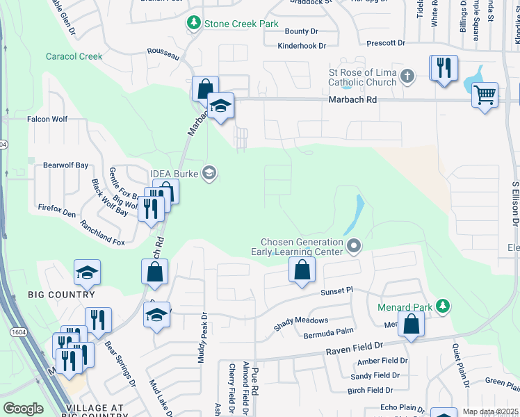 map of restaurants, bars, coffee shops, grocery stores, and more near 2403 Pue Road in San Antonio