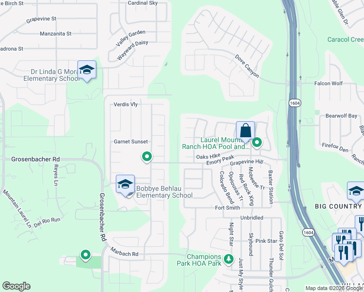 map of restaurants, bars, coffee shops, grocery stores, and more near 11427 Camp Creek Trail in San Antonio