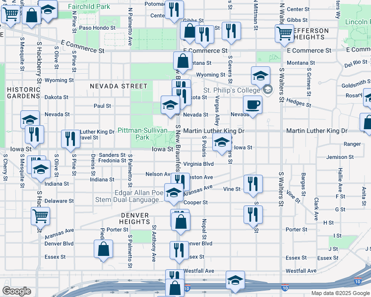 map of restaurants, bars, coffee shops, grocery stores, and more near 201 Dilworth Street in San Antonio