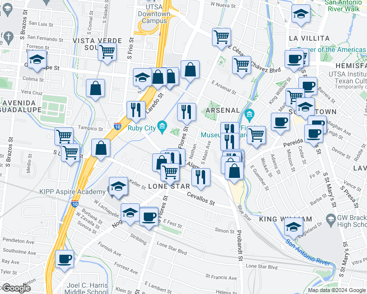 map of restaurants, bars, coffee shops, grocery stores, and more near 1202 South Flores Street in San Antonio