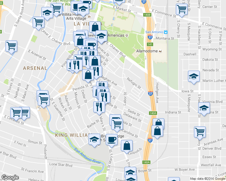 map of restaurants, bars, coffee shops, grocery stores, and more near 308 Leigh St in San Antonio