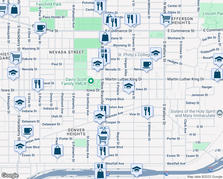 map of restaurants, bars, coffee shops, grocery stores, and more near 201 Dilworth Street in San Antonio
