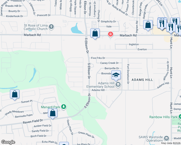 map of restaurants, bars, coffee shops, grocery stores, and more near 9814 Little Laurie Drive in San Antonio